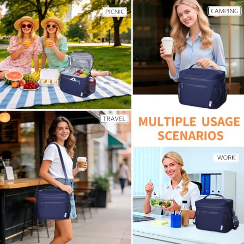 NOL Insulated Lunch Bag for Women Men Adults, Reusable Lunch Tote with Adjustable Shoulder Strap, Leakproof Thermal Food Cooler Bag with Front Pocket and Side Mesh Pockets for Work Travel, Navy blue