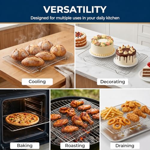 Cooling Rack Set of 2, 10" x 16" No Warp Heavy Duty Stainless Steel Baking Rack - Fits Jelly Roll Cookie Sheet Pan, Oven Safe 575°F, for Baking, Roasting & Dehydrating, Dishwasher Safe