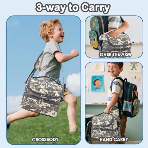 FlowFly Kids Double Decker Cooler Insulated Lunch Bag Large Tote for Boys, Girls, Men, Women, With Adjustable Strap, Digital Camo