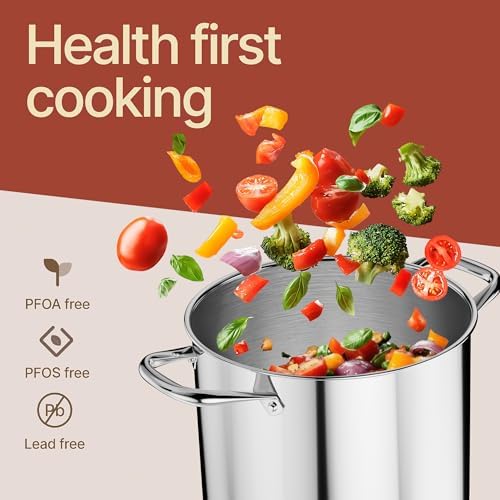 Stainless Steel Stockpot with Tempered Glass Lid 24 Quart, Durable 18/0 Stainless Steel, Impact-Bonded Base for Even Heating, Riveted Handles, Oven & All Stove Compatible, Safe Up To 500°F (260°C)