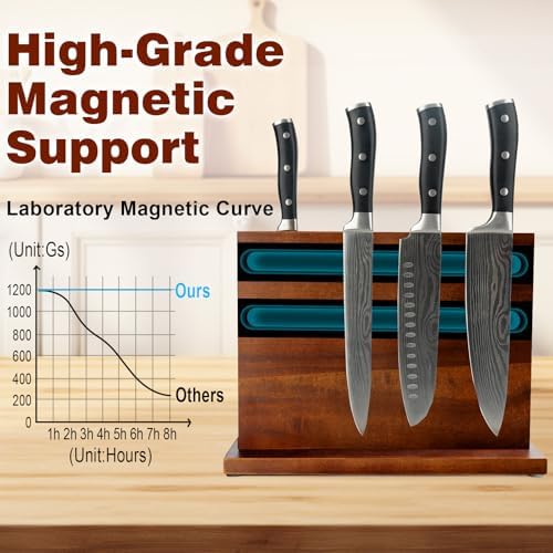 Magnetic Knife Block Double Sided Magnetic Knife Holder Rack with Strong Enhanced Magnets Acacia Wood Magnetic Knife Storage Stand-Dark Brown