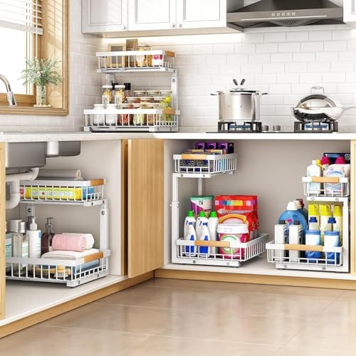 PXRACK Under Sink Organizer, Adjustable Height, 2 Tier Pull Out Under Cabinet Organizer, Slide Out Thickened Metal Under Sink Storage for Kitchen Bathroom Laundry Pantry Cabinet, White, Small-1-Pack