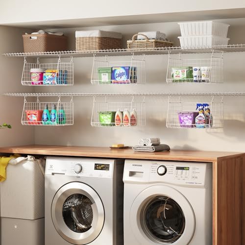 3-Tier Hanging Laundry Basket Organizer:Foldable Wire Shelf Laundry Room Organizer with 360°Rotating Hooks Small Space Solutions Closet Hanging Organizer - Laundry Organization, White Patent