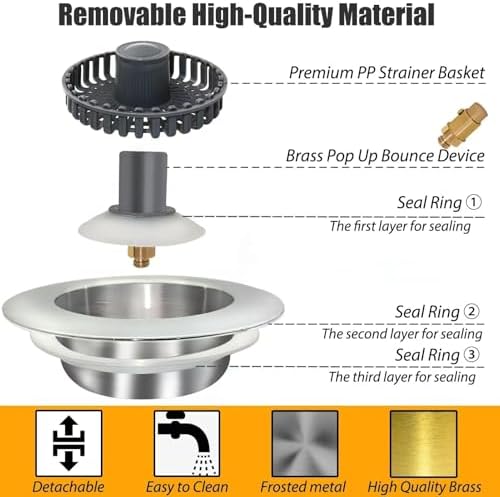 Anlige Kitchen Sink Drain Strainer,3in1 Pop Up Kitchen Sink Stopper, Chrome