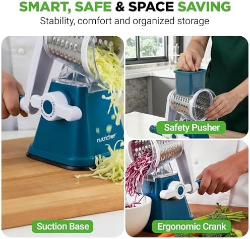 NutriChef 3 in 1 Cheese Grater & Shredder | Strong Suction Base, Rotary Handle with Safety Lock | Includes Hand Crank & 3 Drum Blades for 3 Textures, Fine, Medium & Strips | Blue