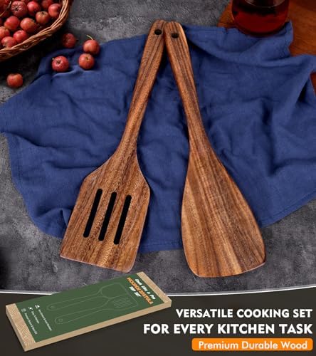 2Pcs Wooden Spatula, Acacia Wooden Spatula for Kitchen Use, Nonstick Cookware Safe Utensils Set including Turner and Slotted Turner, Ideal Cooking Utensils Gift Set for Cooking, Frying, Baking