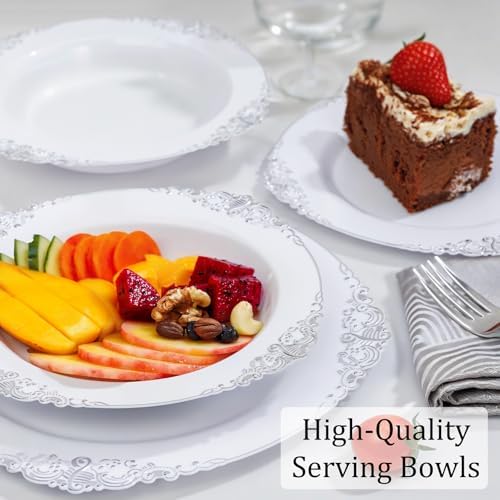 Nervure 50PCS White Plastic Bowls with Silver Rim 12oz Disposable Soup Bowl
