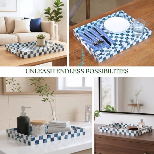 CHI AN HOME 16"x12" Capiz Shell Coastal Decorative Serving Tray, Navy Blue