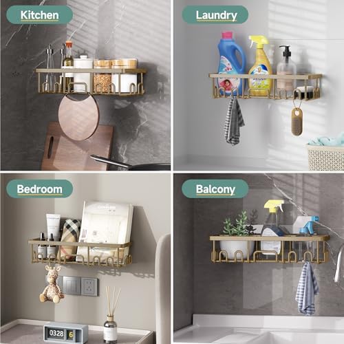 Veken Shower Caddy 6-Pack, No Drilling & Rustproof, Waterproof Adhesive Shelves Rack with Soap Holder, Large Capacity Bathroom Organizers and Storage, Wall-Mounted Kitchen & Home Decor, Matte Gold