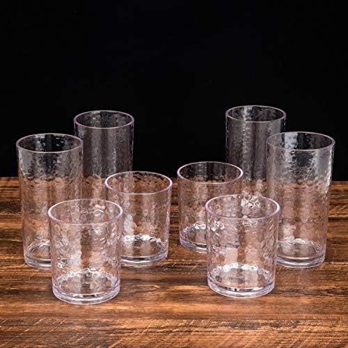 KX-WARE 14-ounce and 20-ounce Acrylic Glasses Plastic Tumbler, set of 8 Clear - Hammered Style, Dishwasher Safe, BPA Free