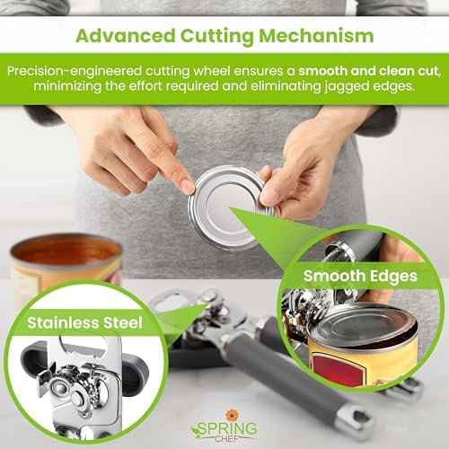 Spring Chef Stainless Steel Manual Can Opener with Soft Grip Handles, Gray