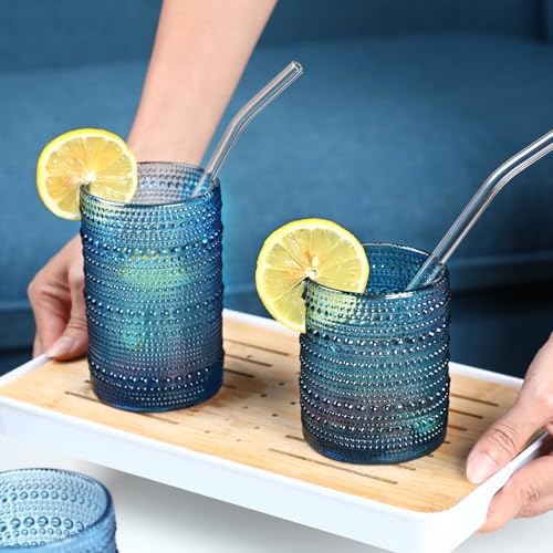 KMIGRUAN Large Hobnail Drinking Glasses Set of 6, 15oz Blue Vintage Glassware, Embossed Glass Cups, Water Tumbler, Highball Glasses For Beer, Juice And Various Mixed Drinks