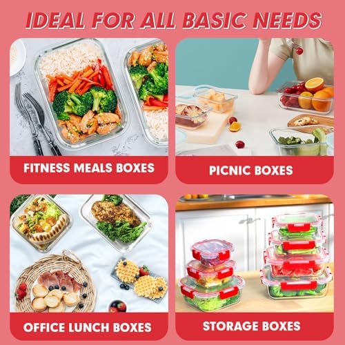 VERONES 30 Pieces Glass Food Storage Containers Set with Lids, Red