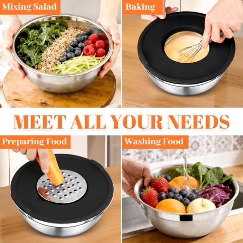 21PCS Mixing Bowls with Lids Set - 7 Nesting Mixing Bowls, 3 Graters, 11 Baking Tools, Lids, Stainless Steel Mixing Bowls for Mixing & Baking, Size 0.7/1.1/1.5/2.1/3.5/4/4.5 QT, Black