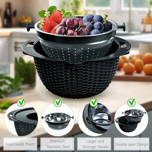 4-1 Colander with Bowl Set - Pasta Strainer - Colander for Kitchen - Strainers and Colanders Rice Strainer Fruit Cleaner Veggie Wash Sink Strainer Kitchen Essentials - Black
