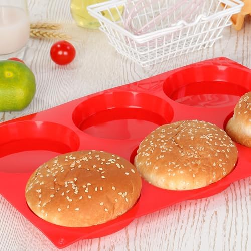 CAKETIME Muffin Top Pan, Jumbo Silicone Egg Molds for Breakfast Sandwiches 4 Inch Round Baking Pan for Oven English Muffins, Whoopie Pies, Corn Bread, Egg bites, Tarts 3 Pack Red