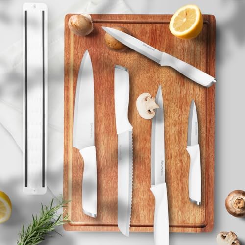 White Knife Set with Magnetic Strip for Wall,6-Piece