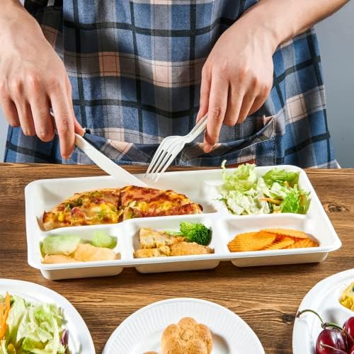 ECOLipak Compostable Disposable 5 Compartment Paper Plates, 12.5inch