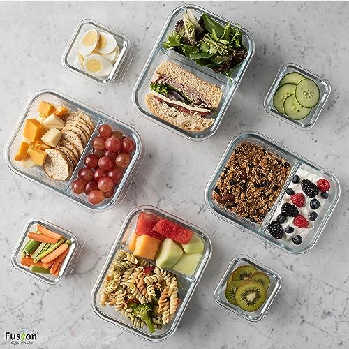 Fusion Gourmet - Glass Prep Containers - 8 Pack 2 Compartment 33 oz