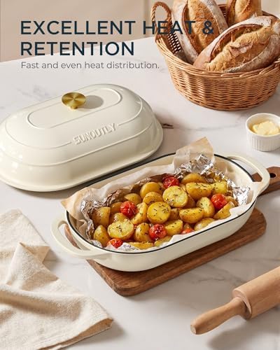 Enameled Cast Iron Bread Oven, 5QT Cast Iron Dutch Oven for Homemade Sourdough Bread Baking, Oval Bread Pot with Dome Lid & Cotton Potholders, Cream White