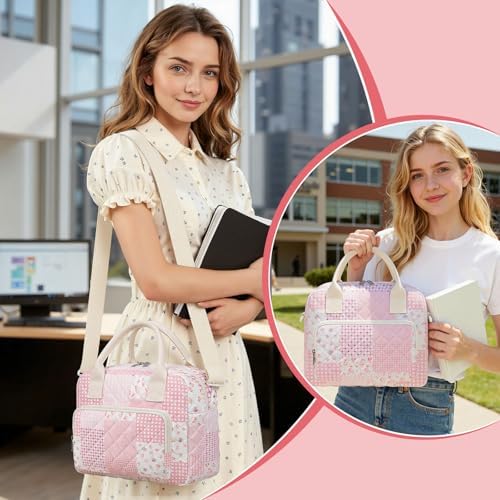 WOBAGMEN Quilted Lunch Box for Women, Insulated Lunch Bag for Adult,Cute Lunch Tote Bags for Work Picnic Travel (Pink Patchwork, M)
