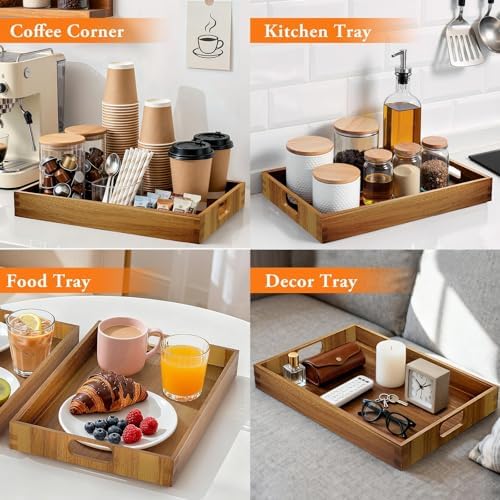 Acacia Serving Trays, Wooden Serving Tray with Handles, 2 Pack, Large