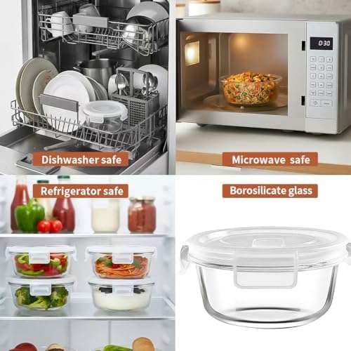 12oz Round Glass Food Containers With Lids, Small Round Glass Meal Prep Containers set,1.5 Cup Small Clear Food Storage Bowls BPA-Free, Microwave, Dishwasher, Freezer Safe(White)