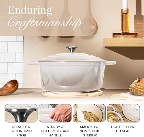 Nuovva Enamelled Cast Iron Dutch Oven Pot with Lid 6.4 Quart Non Stick Casserole Pot-Heavy Duty & Oven Safe up to 500° F for Bread Baking, Braising, Stews, Roasting - 28cm Oyster