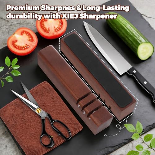 3-Stage Knife Sharpener, Carborundum+Ceramic+Tungsten Steel, 8.3"x1.6"x2" Professional Chef & Pocket Knife Sharpener with Premium Cleaning Cloth, Non-Slip Base, Universal for Kitchen/Outdoor Knives
