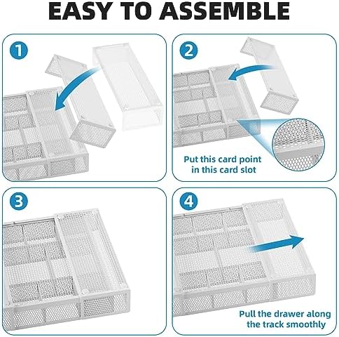 Marbrasse Expandable Desk Drawer Organizer, Mesh Drawer Organizer Tray with 10 Adjustable Compartments, Desk Organizers and Accessories, 5 Dividers Drawer for Office Supplies, Makeup & Vanity (White)