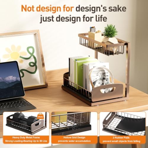 Under Kitchen Sink Organizer, Metal Pull Out Bathroom Organizers and Storage, 2-Tier Cabinet Organizer Shelf with Sliding Drawer, Home Organization for Kitchen, Laundry, Pantry, Brown, 2 pack