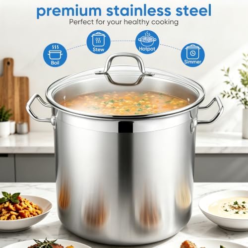 E-far 20 Quart Tri-Ply Stock Pot with Lid, Induction Stainless Steel Pot