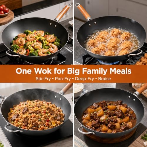 WANGYUANJI 14.2" Carbon Steel Wok with Lid, Flat Bottom Chinese wok
