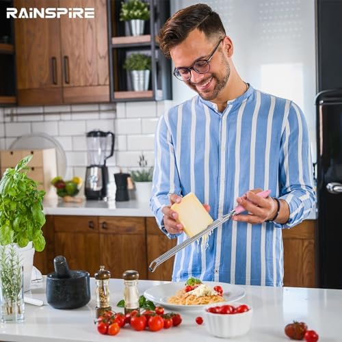 Rainspire Zester Grater with Handle, Lemon Zester Cheese Grater for Kitchen Stainless Steel, Parmesan Cheese Garlic Nutmeg Chocolate Fruits Vegetables Ginger Grater, Fine (Pink)