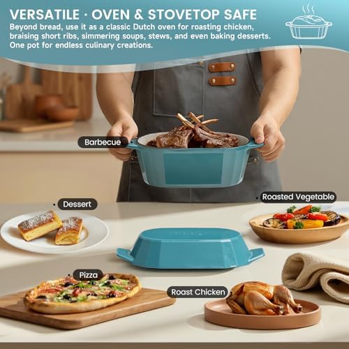 Enameled Cast Iron Dutch Oven for Bread Baking – 3QT Oval Round Heavy Duty Bread Pan with Lid, Non-Stick Ceramic Coating,Loaf Cast Iron Bread Oven for Sourdough, Baking, Roasting, Braising, Stovetop & Oven Safe