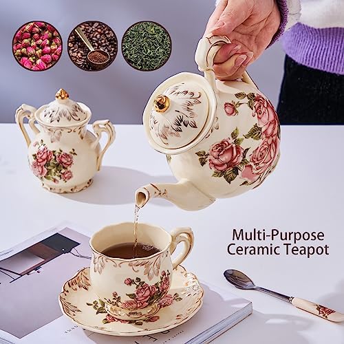 YOLIFE Small Pink Rose Teapot, 25 OZ / 2 Cup Vintage Porcelain Tea Pot