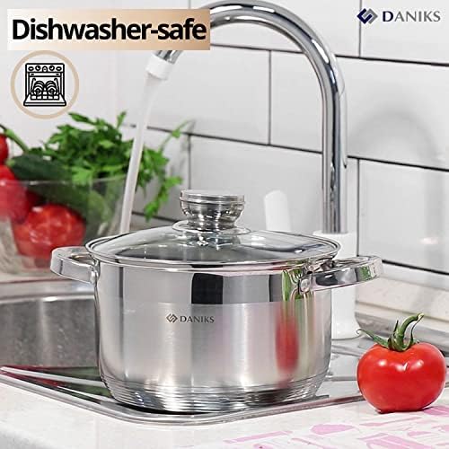 Daniks Standard 7 Quart Stainless Steel Stock Pot with Glass Lid, Try-Ply Bottom for Even Heating, Induction Compatible, Dishwasher Safe, Built-In Measuring Scale, Silver