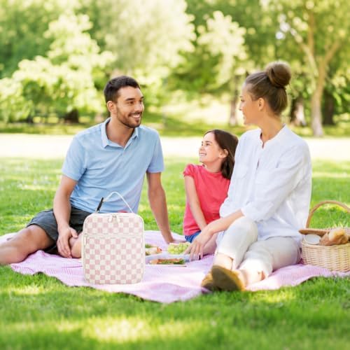 Lunch Box for Women Men Adult Insulated Lunch Bag Women Men Small Reusable Lunchbox for Work Picnic Travel (Beige-Pink Plaid)