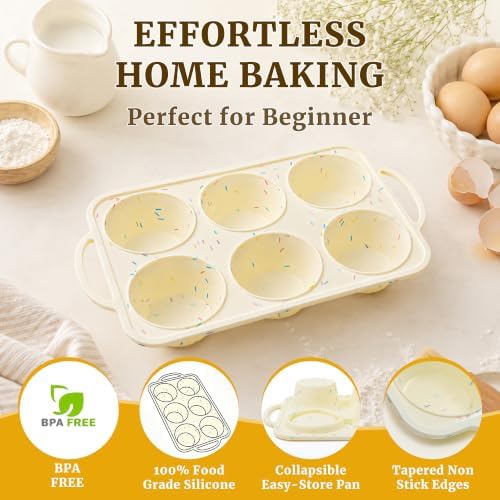 Jumbo Muffin Pan, Metal Reinforced Frame 3.5 inch Large Silicone Cupcake Pan 6 cups Large Muffin Pan with Handle Nonstick Jumbo Muffin Tin for Baking Giant Homemade Muffins, Cupcakes, Frittatas