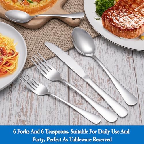 12 Pcs Forks and Spoons Silverware Set,Food Grade Stainless Steel Flatware Cutlery Set for Home,Kitchen and Restaurant,Mirror Polished,Dishwasher Safe - 6 Dinner Fork(8 inch) and 6 Teaspoon(6.5 inch)