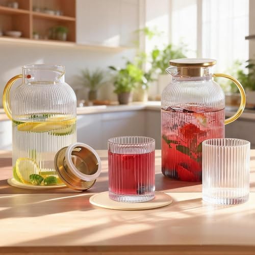 2 Pack Glass Pitchers with Handle and Lid, 68oz/2 Liter Stripes