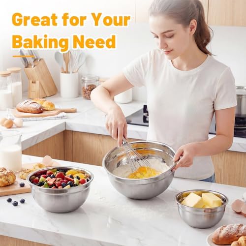 Beasea Mixing Bowls with Lids Set of 3, 1.5/2.5/4 QT Stackable Stainless Steel Nesting Mixing Bowls with Lids for Baking, Meal Prepping, Kitchen Food Serving, Storing