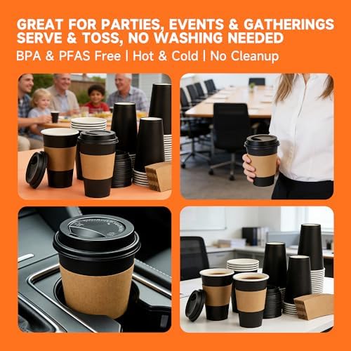 METAPRINT 500 Pack 12 oz Disposable Coffee Cups with Lids and Sleeves,Black