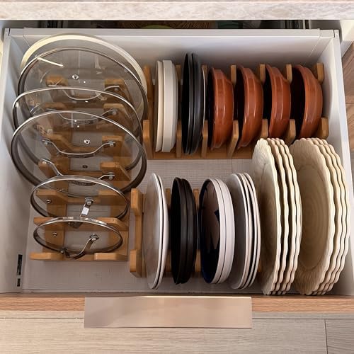 Kitchen Cabinet Organizer - Sturdy Bamboo Pot and Pan Organizer for Under Cabinet - Multiuse Lid Organizer - Durable & Minimalist Lid Holder