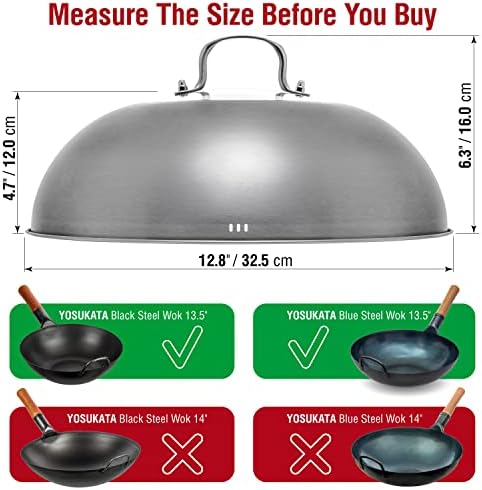 YOSUKATA Carbon Steel Wok Pan – 13,5 “ Woks and Stir Fry Pans + Wok Lid 12.8 Inch - Premium Stainless Wok Cover with Tempered Glass Insert Steam Holes and Ergonomic Handle