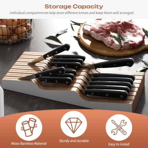 In-Drawer Knife Block Organizer - Bamboo Wood Drawer Knife Organizer-Protecting Knife Organizer Block (Not Included) (White, 15 Knives Dock)