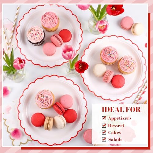 NatNarr 30 Pcs Red Paper Plates 9" Scalloped Red White Party Plates