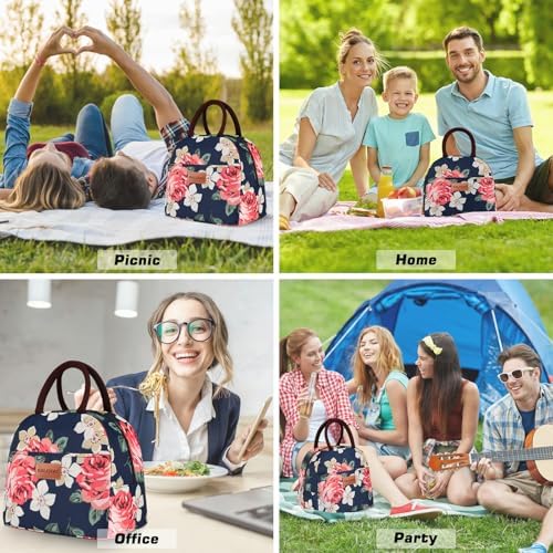 BALORAY Lunch Bag for Women Men Adult Lunch Box (Blue With Big Flower), M