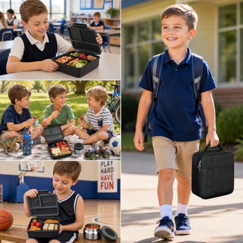 Itslife Bento Lunch Box for Kids with 8oz Soup Thermo&Lunch Bag, Leak-Proof Lunch Food Containers with 4 Compartment, Hot Food Insulated Food Jar for Kids School (Black)