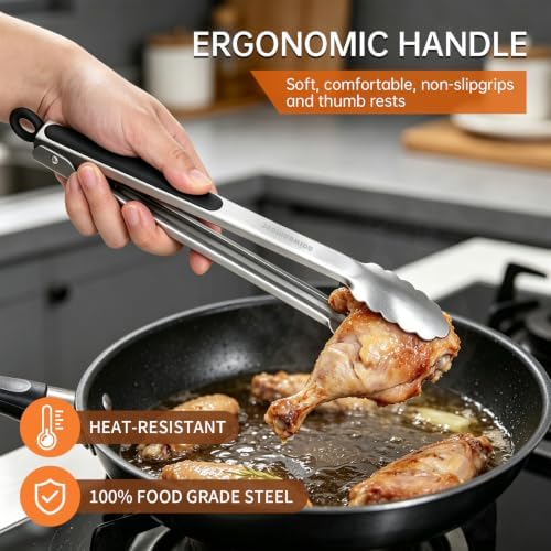 Grill Tongs,Metal Tongs,16 & 12 Inch Heavy Duty Extra Long Stainless Steel Locking Kitchen Tongs,Integrated Tongs‑Spatula Design,Perfect for Cooking, Grilling, Barbecue/BBQ, Buffet, Set of 2